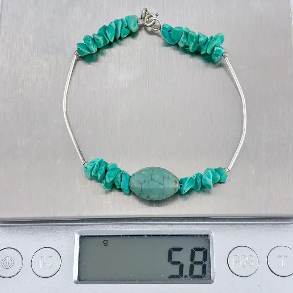 Vintage Sterling Silver 925 Turquoise Chip Bead Bracelet 7.5
